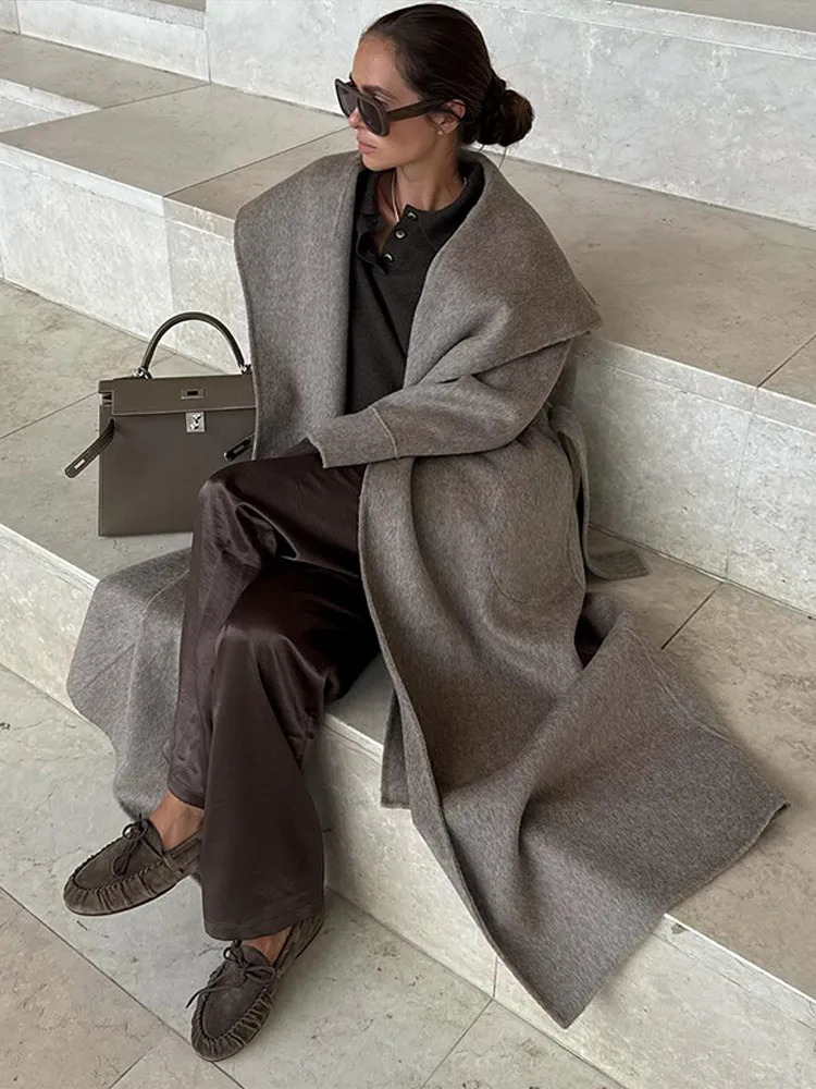 Elegant Large Collar Long Coat Women Retro Chic Loose Shawl Tweed Coats With Belt Female Winter Casual Street Outwear 251027