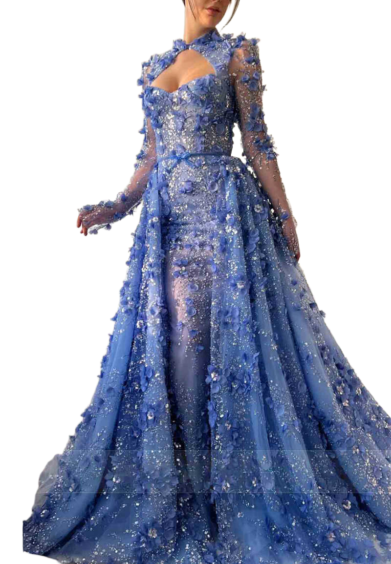 Luxurious Evening Dresses Halter Long Sleeve Handmade Flowers Crystal Rhinestone Sequin Dinner Party Prom Special Occasion Customized