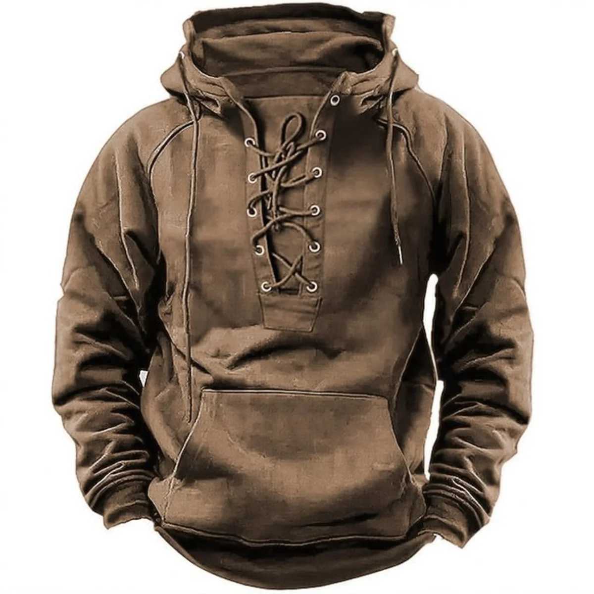 2025 Mens Autumn Winter Outdoor Casual Jacket Retro LaceUp Loose Fit Pure Color Long Sleeve Hooded Sweatshirt W251027