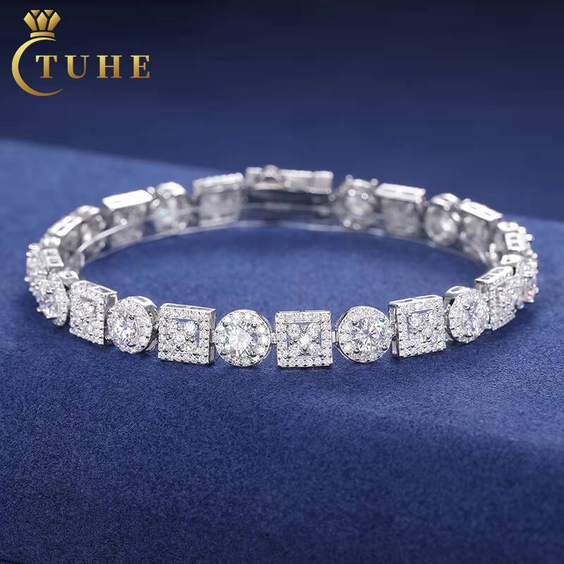 Custom Moissanite Diamond Fine Jewelry Four Leaf Clover Square Geometric 925 Solid Silver D Color Moissanite Bracelet