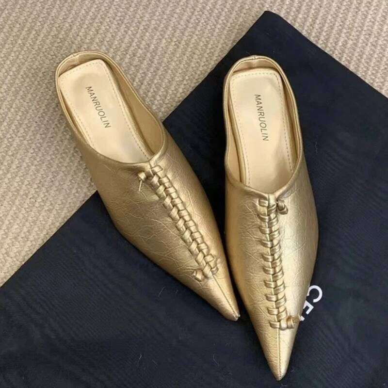 Gold Designer Slippers Women Mules Shoes Pointed Toe Slides Shallow Fashion Summer New Brand Sandals Ladies Sandalias De Mujer