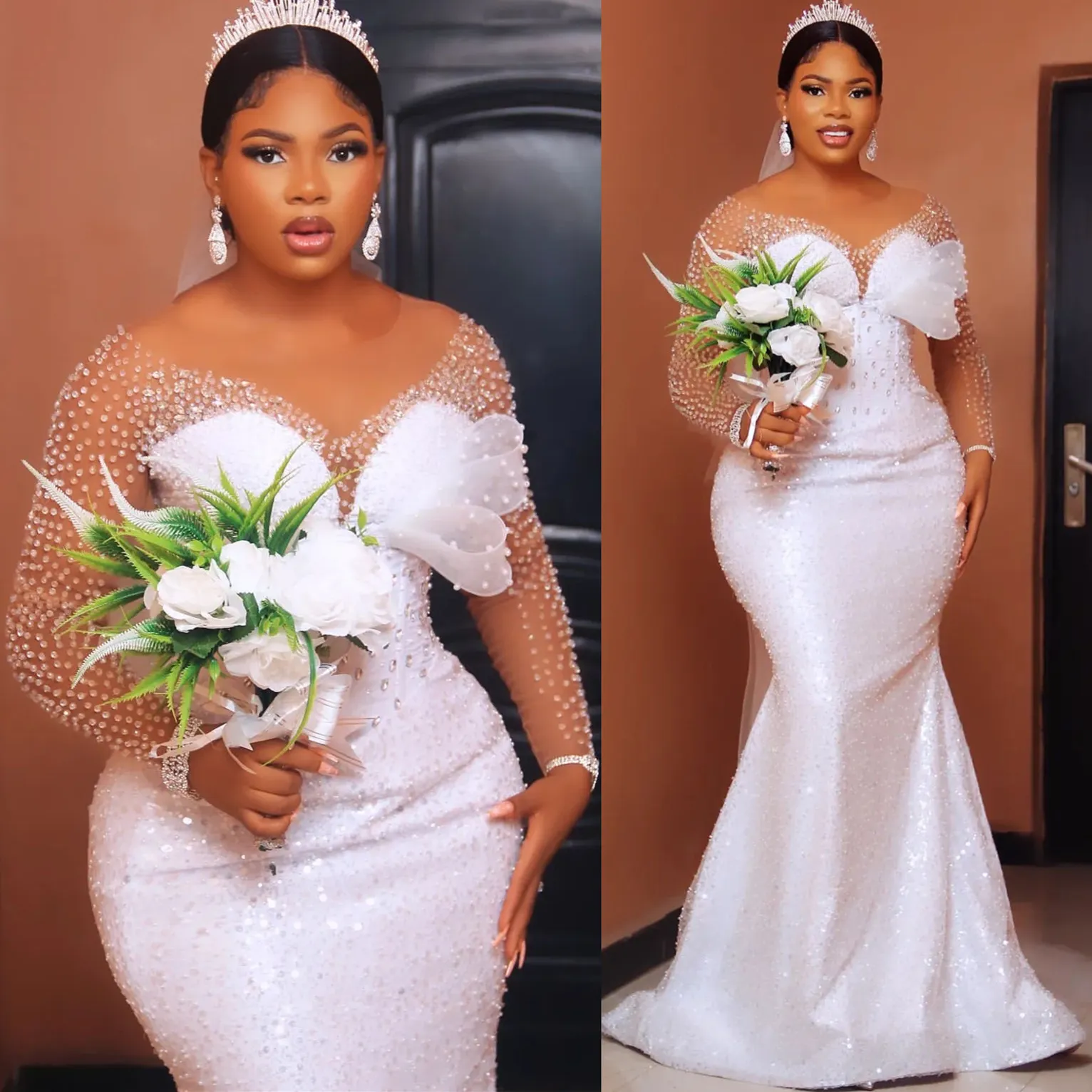 Aso Ebi Plus Size White Mermaid Wedding Dress with Beaded Crystals and Sequined Luxurious Bridal Gowns