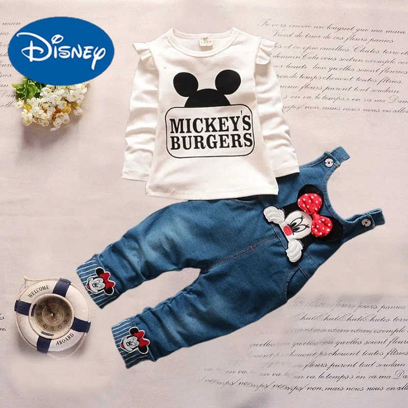 Disney Minnie Mouse Baby Girl Clothes Sets Spring Autumn Toddler Long sleeves Tshirt Overalls Jeans 2pcs Suit Casual Children Clothing H251027