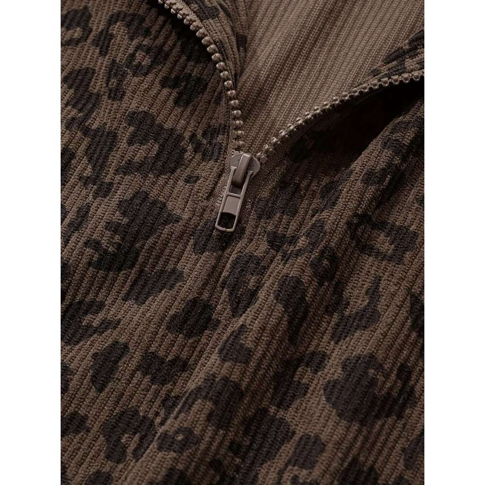 Women's Casual Zip-Up Long Sleeve Sweatshirt - Loose Fit, Half-Zip Design, Brown & Black Retro Style, Cozy Fall/Winter Wear, Leopard Print Sweate
