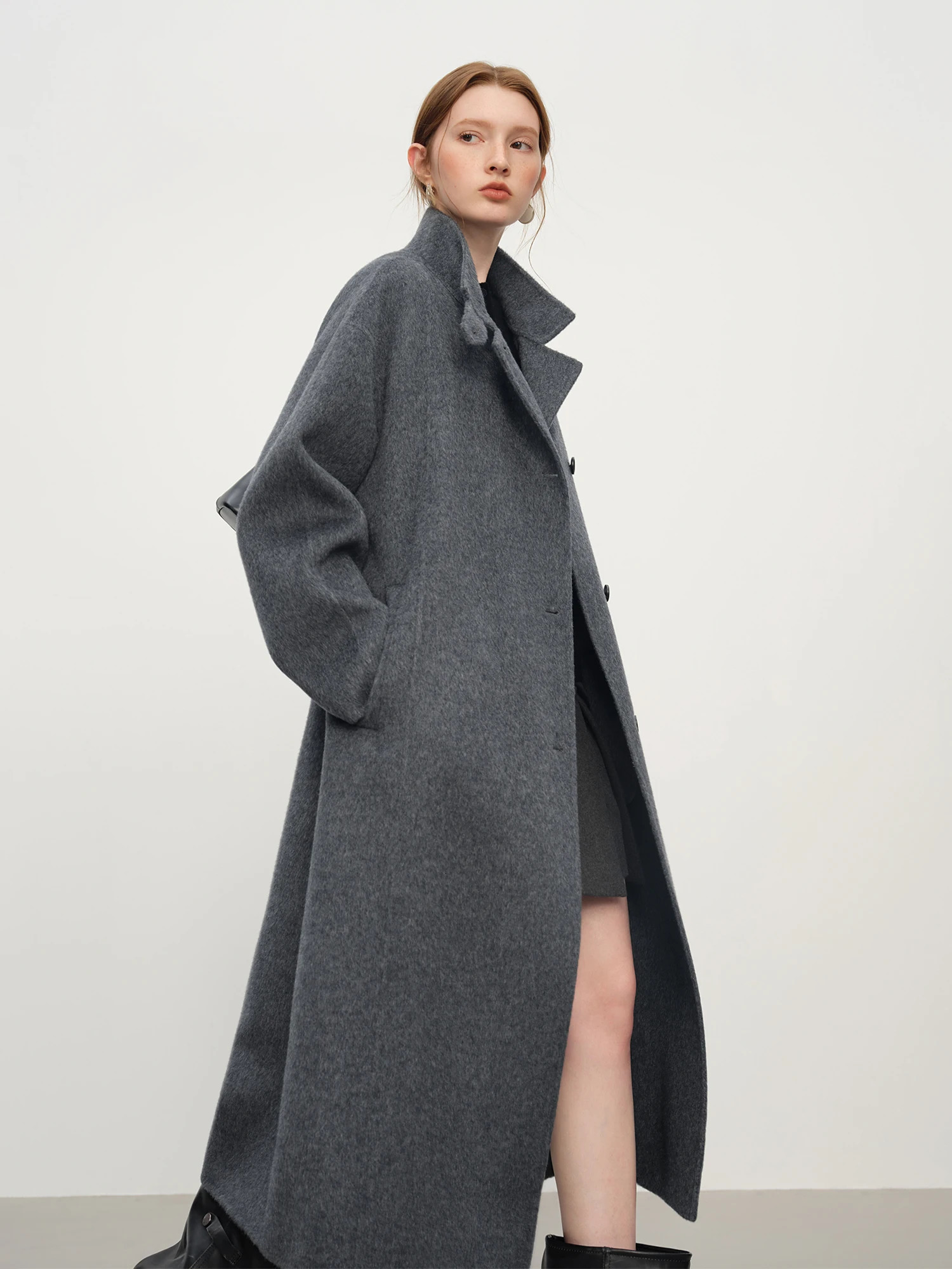 FSLE Womens Elegant Stand Collar 100 Wool DoubleFaced Long Coat DiamondShaped Tailoring Autumn Winter Outerwear 251027