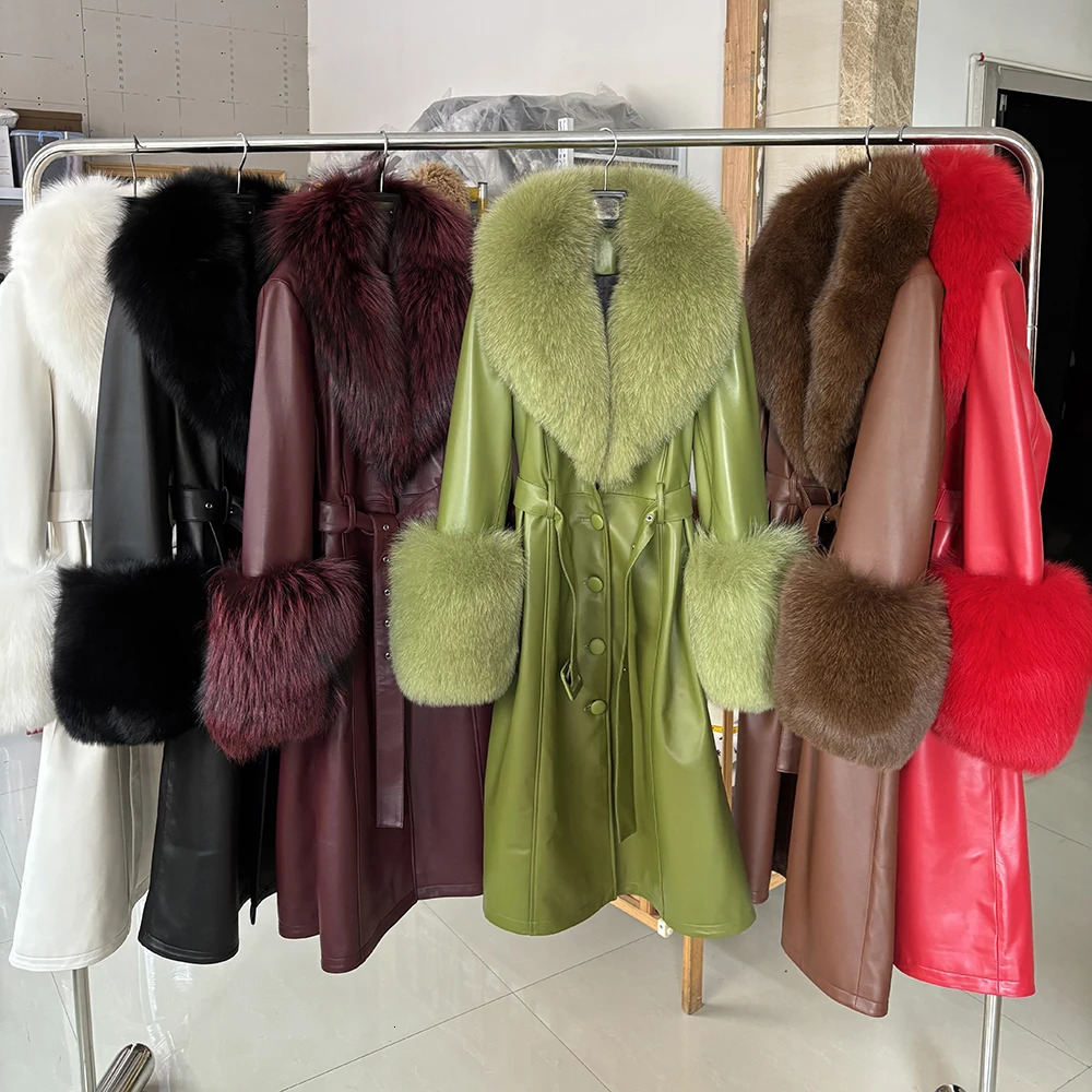YOLOAgain Plus Size Jacket Coats Detachable Real Fox Fur Collar Cuffs Genuine Leather Coat Long Women 251027