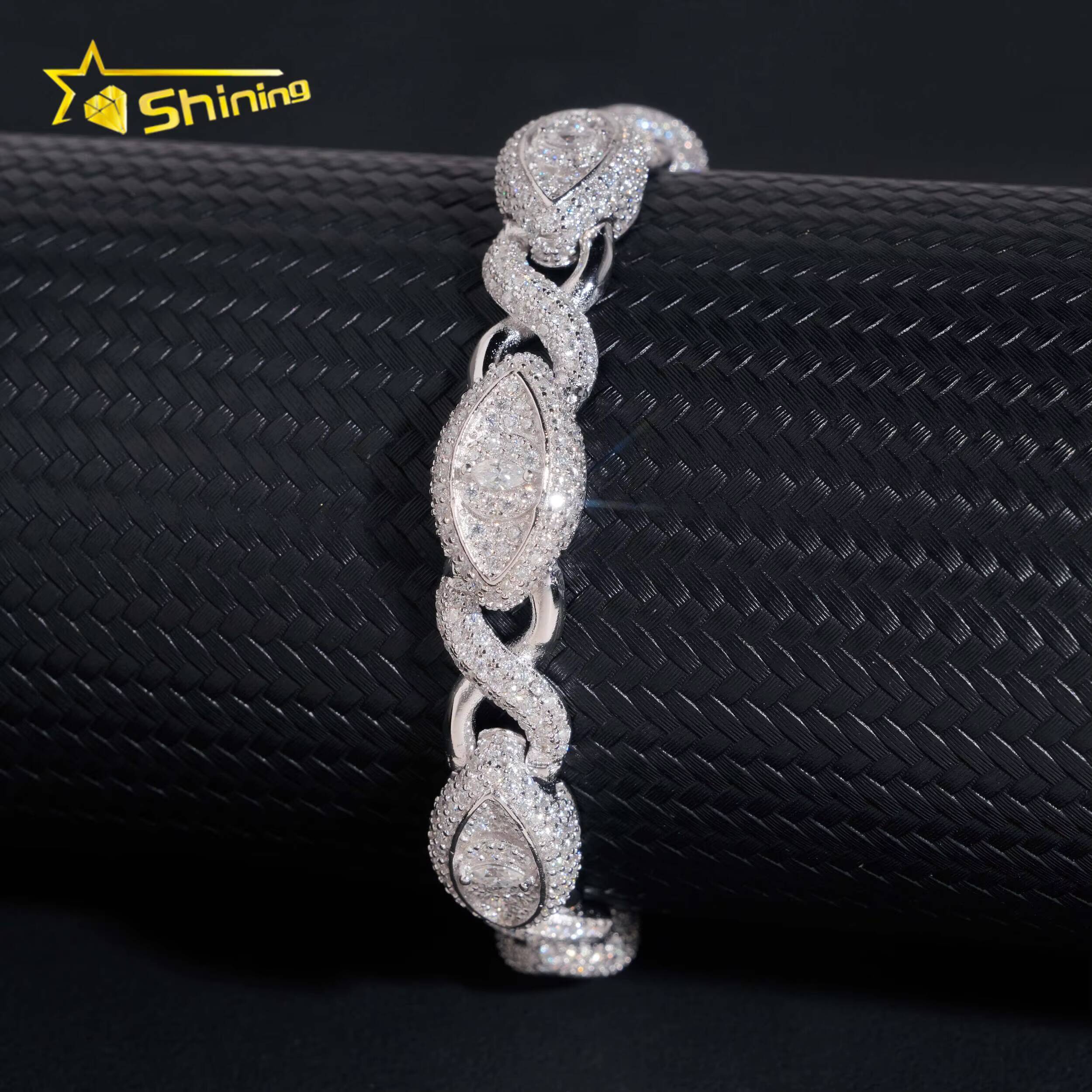 Real 925 Sterling Silver Gold Plated Hip Hop VVS Lab Diamond Moissanite Infinity Cat Eye Cuban Link Chain Bracelet