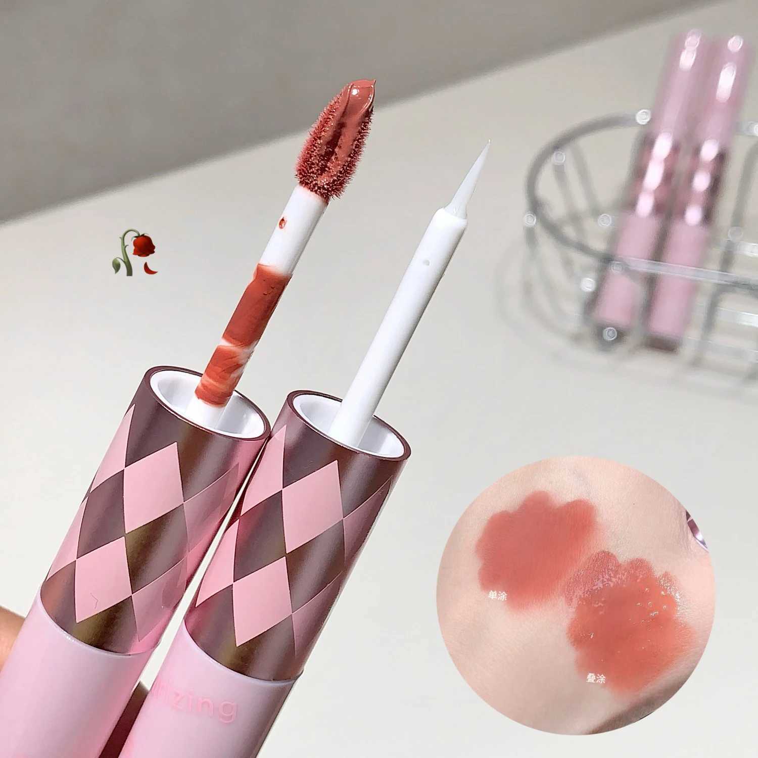 Double Head Lip Gloss Sexy Red Lips Makeup 2 in Lip Mud Mirror Water Gloss Lip Glaze Matte Lipstick Waterproof Korean Cosmetic W251027