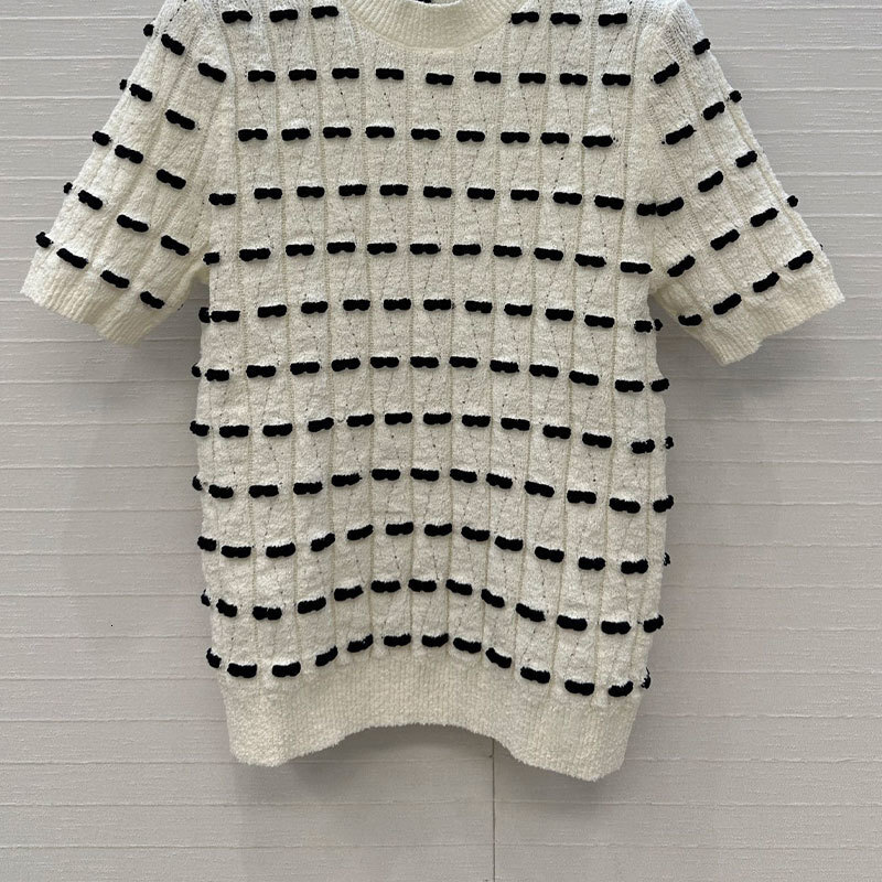 Designer Women's Black White Bow Tie Short Sleeve Pullover Retro Y2K Wool Blend Round Neck Soft Two Colors Luxury High Quality Chic Outerwear Clo