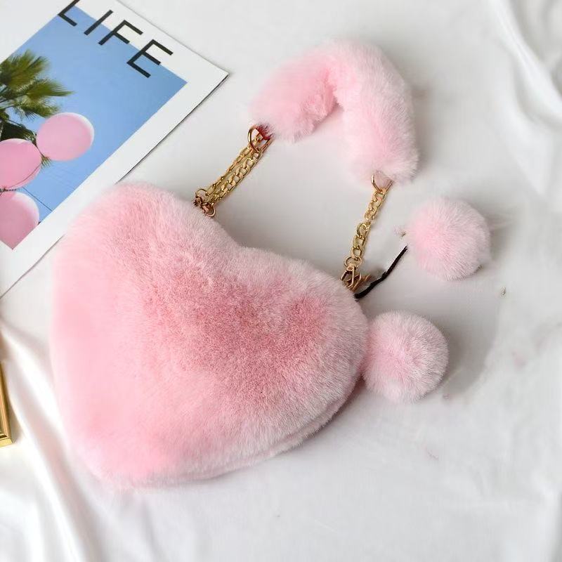 Autumn Winter Handheld Furry Fashion Chain Crossbody Plush Heart Bag Internet Celebrity Fur Trendy Style for Women