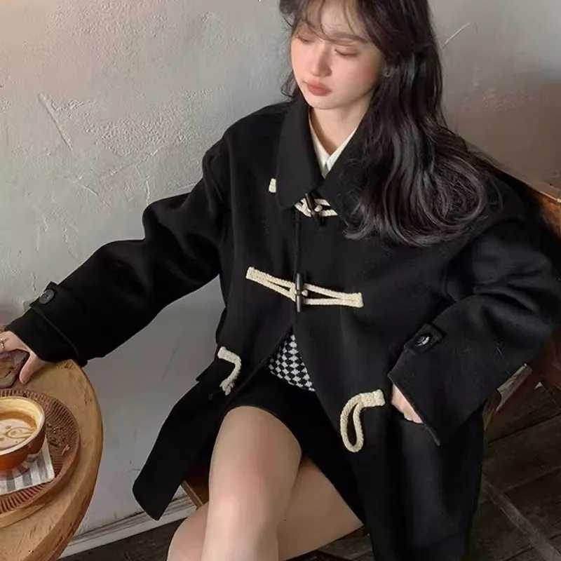 Wool Women Solid Trendy Horn Button Design Coats Korean Fashion Autumn Winter Simple Streetwear Harajuku Popular Students Mujer M251027