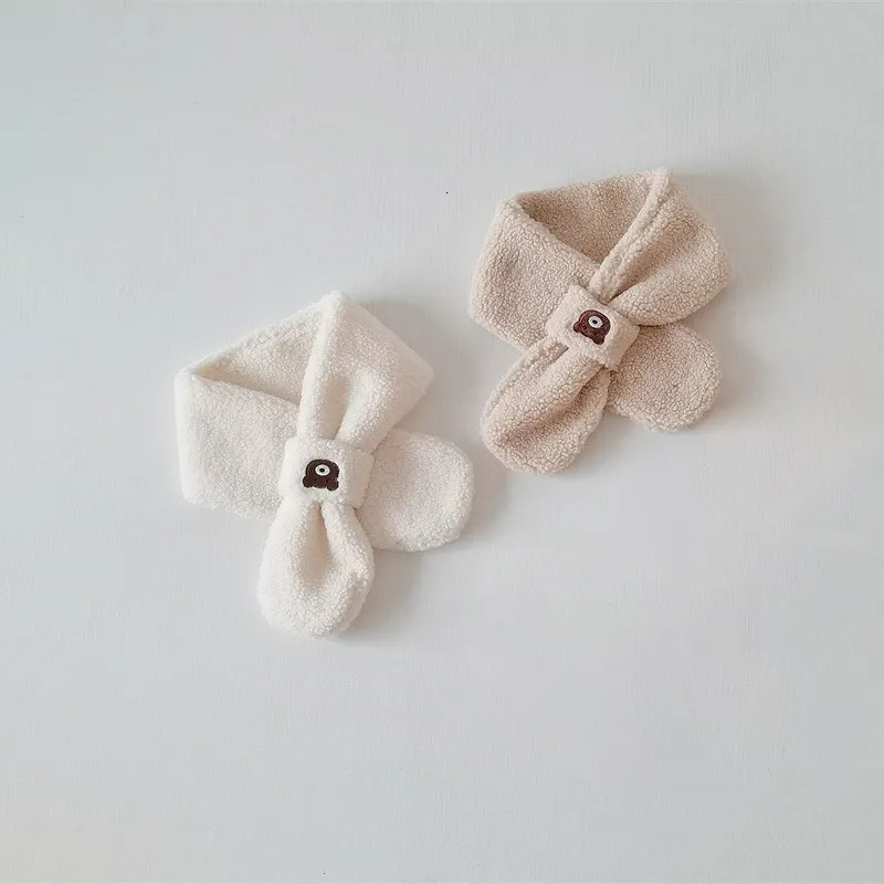 Cute Bear Baby Scarf Solid Color Cartoon Plush Neckerchief for Boy Girl Winter Warm Thicken Lamb Fleece Kids Cross Scarves 251027