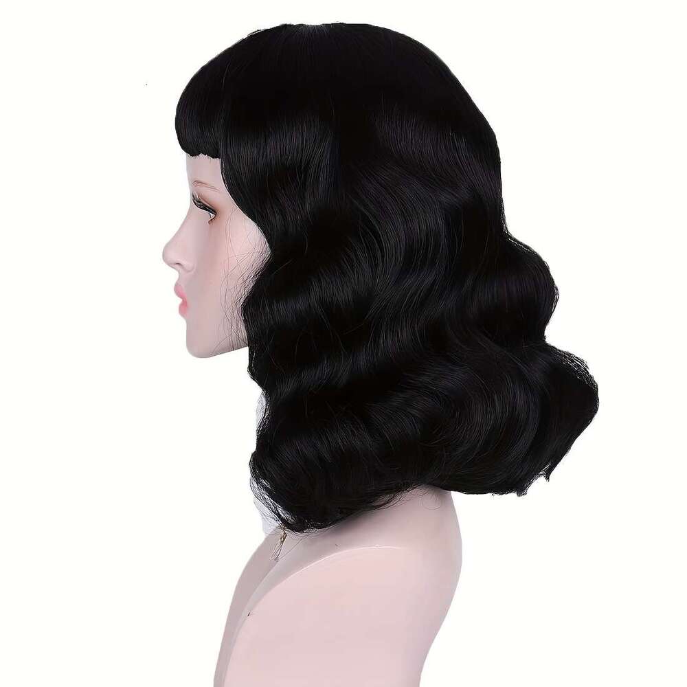 Women's 50S Rockabilly Vintage Wig, Wavy Black With Bangs, Bettie Page Inspired, High Temperature Fiber, Rose Net Cap, 180% Density, Loose Wave C