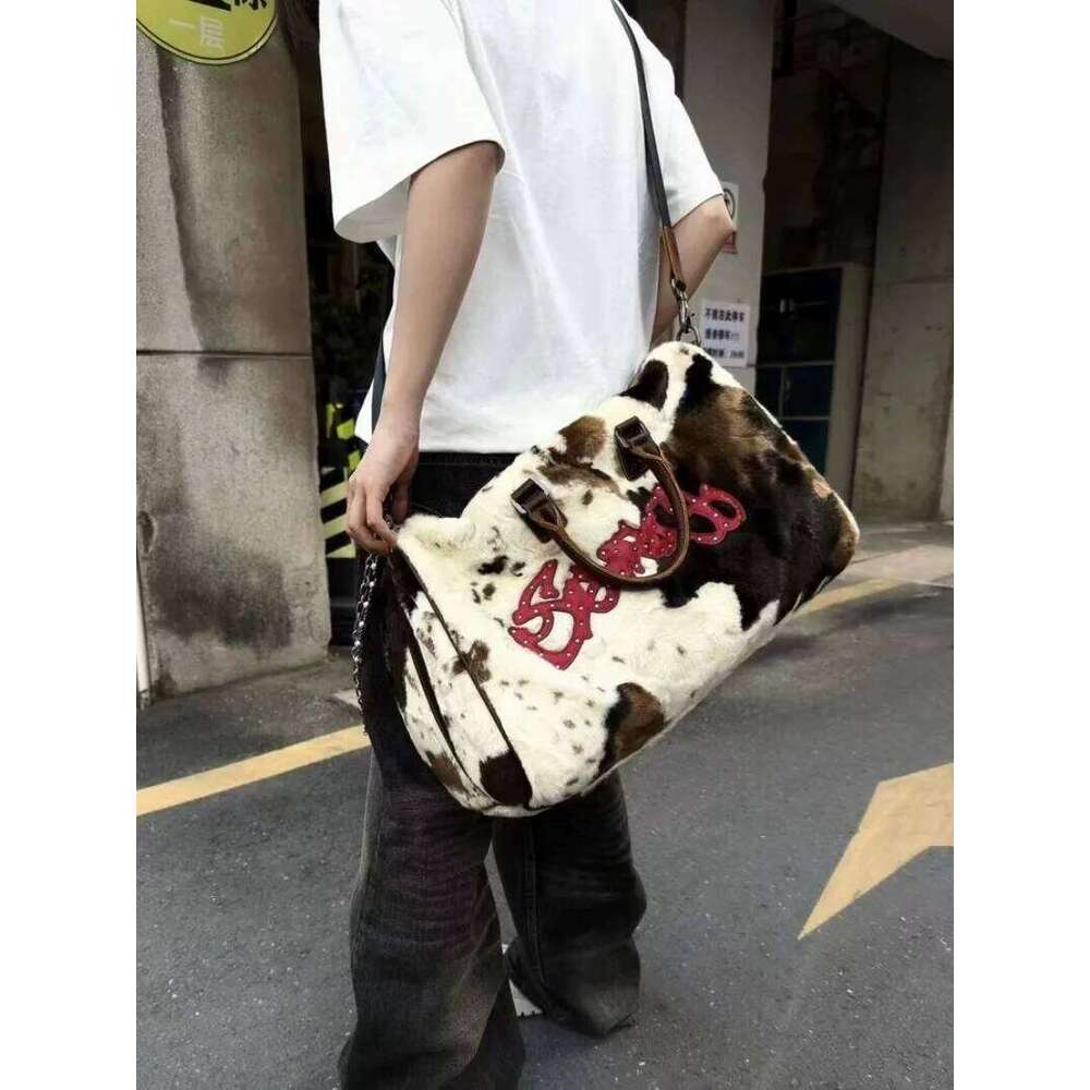 Women Soft Plush Hand New Winter Leopard Cow Print Tote Female Pu Leather Underarm Bags Furry Fluffy Shoulder Bag