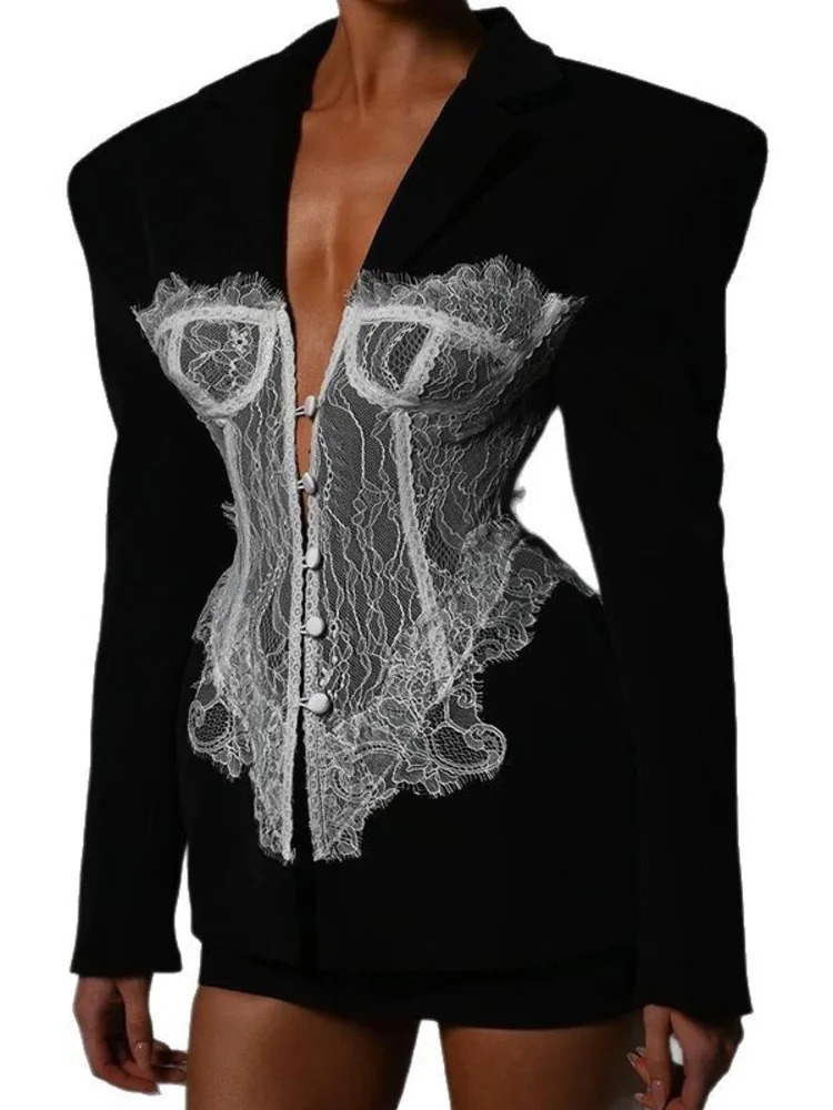 ZMEENNA Spring Womens Black Blazer With Delicate White Lace Corset Overlay Structured Shoulders ZM954 251027