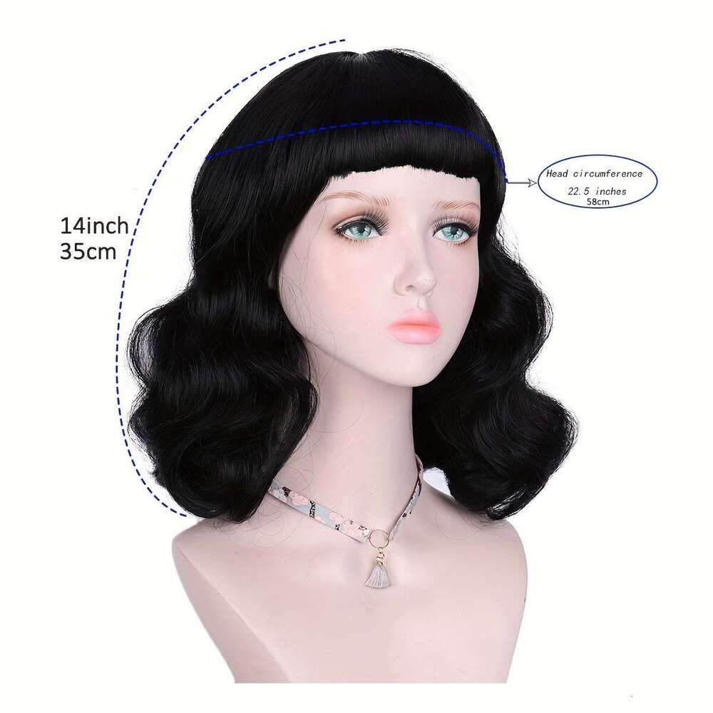 Women's 50S Rockabilly Vintage Wig, Wavy Black With Bangs, Bettie Page Inspired, High Temperature Fiber, Rose Net Cap, 180% Density, Loose Wave C