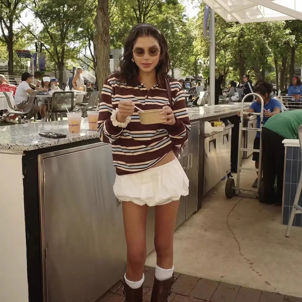 DUOPERI Women Fashion 2025 Striped Pullover Shirts Lapel Neck Long Sleeves Elegance Female Chic Lady Polo Shirt Tops 251027