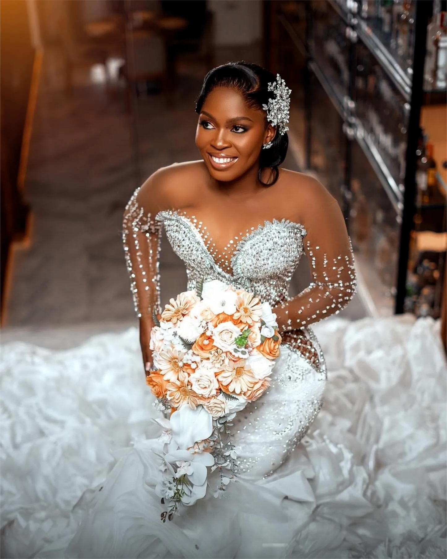 Arabic Aso Ebi Plus Size Mermaid Wedding Dress in White with Crystals Beaded Tiers and Luxurious Organza
