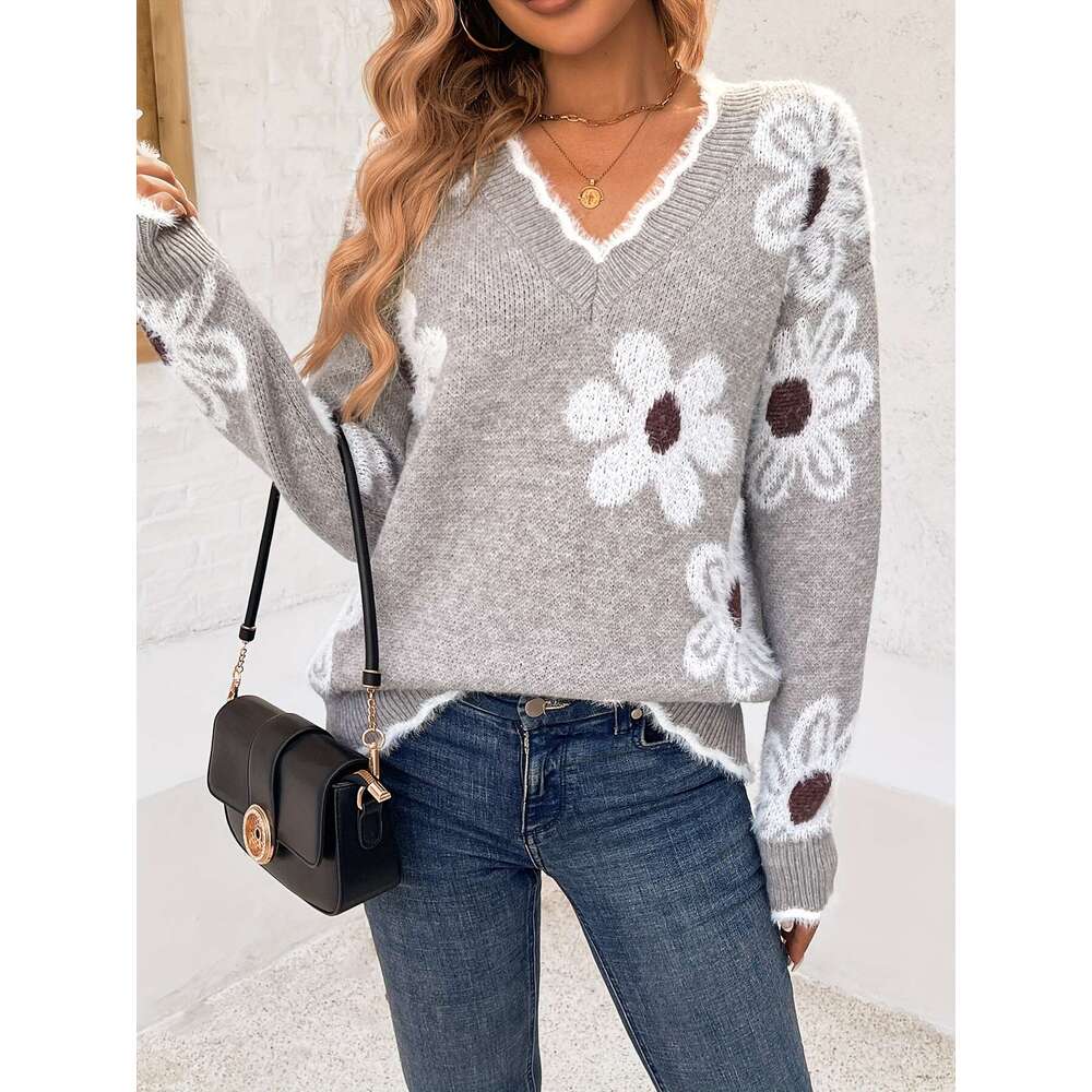 Floral Pattern Drop Shoulder Scallop Edge Sweater