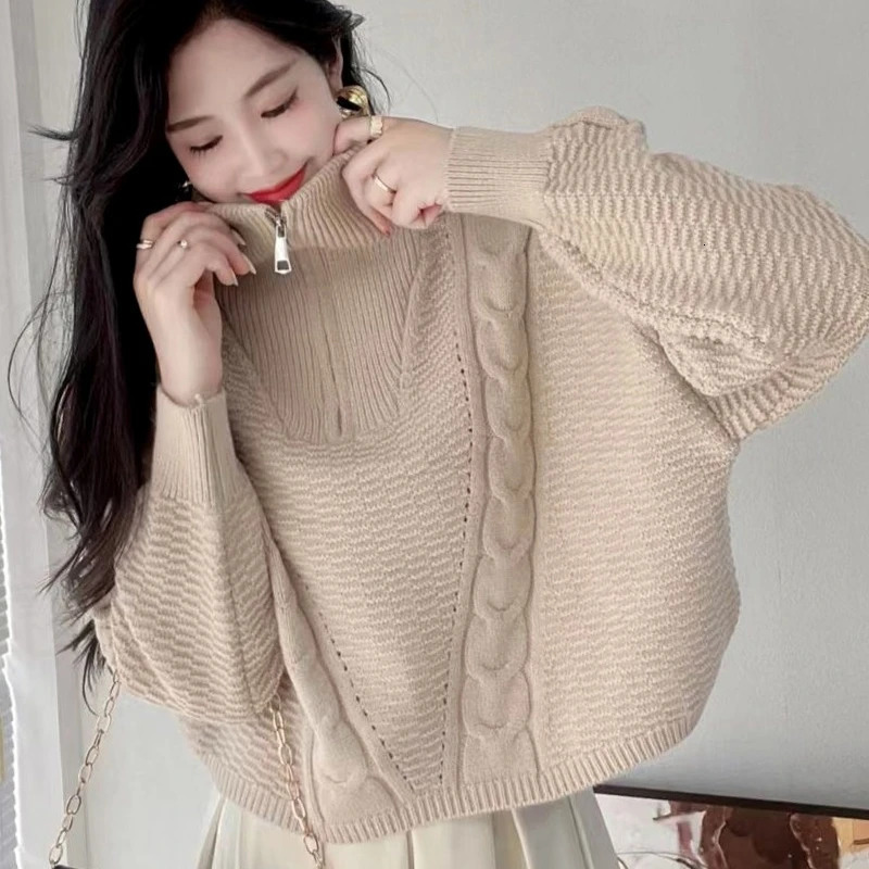 Fashion Women Long Sleeve High Neck Solid Color Looese Sweater Winter Elegant Casual Pullover Knitted Top Zipper Knitwear 251027