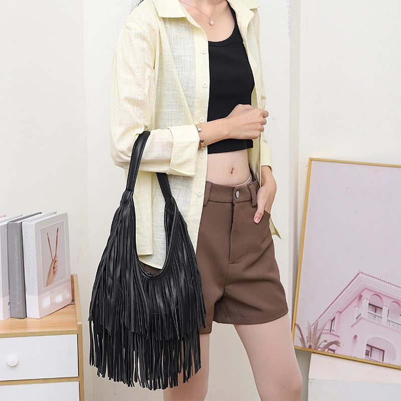 Long Tassel Hobo Underarm Shoulder Bager Large Capacity Women Tote BagTrendy Solid Color Soft PU HandbagBlackBrown 251027
