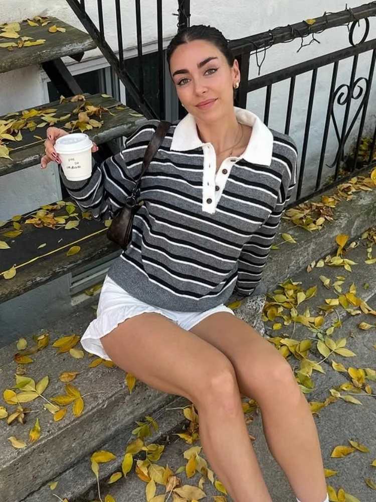 Polo Collar Striped Pullover Sweater Loose Long Sleeve 2025 Autumn Daily Cozy Women Knit Top Trendy Chic Casual Lady KnitwearT251027