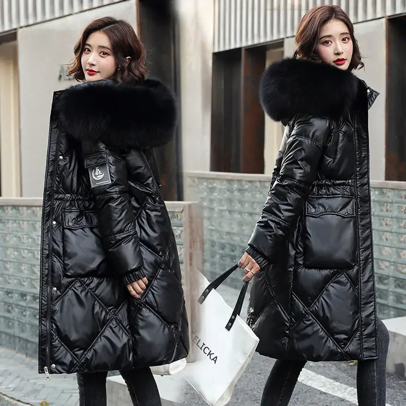 Winter Womens Cold Coat Parkas Super Hooded Long Padded Jacket Fur Collar Loose Korean Fashion Wholesale 251027