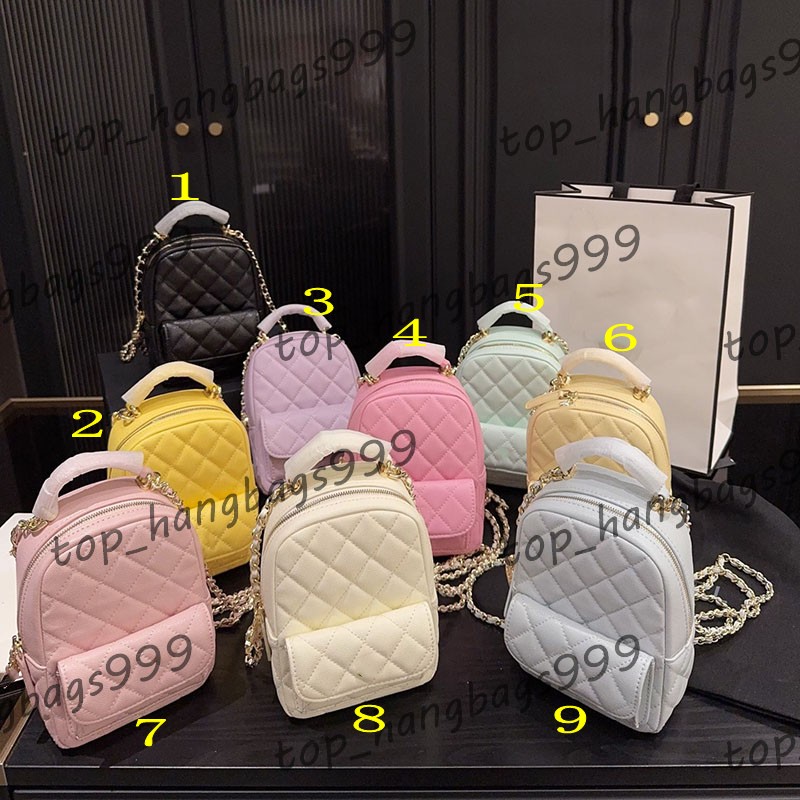 Candy Color Carviar Cowhide Leather Mini Backpack Purse Girls Handbag With Gold Buckle Matelasse Chain Leather Handle Crossbody Makeup Bags Schoolbag 18x12cm