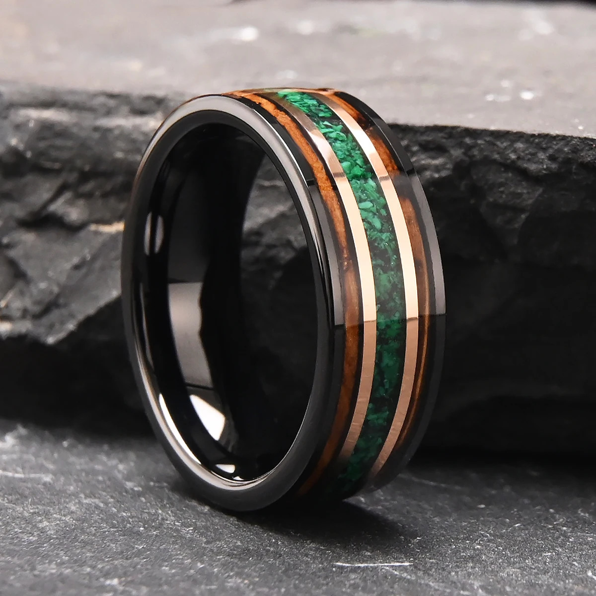 8mm Mens Tungsten Carbide Ring Inlaid Whiskey Barrel Wood and Green Opal Beautiful Wedding Ring Gift for Loved Ones 251023