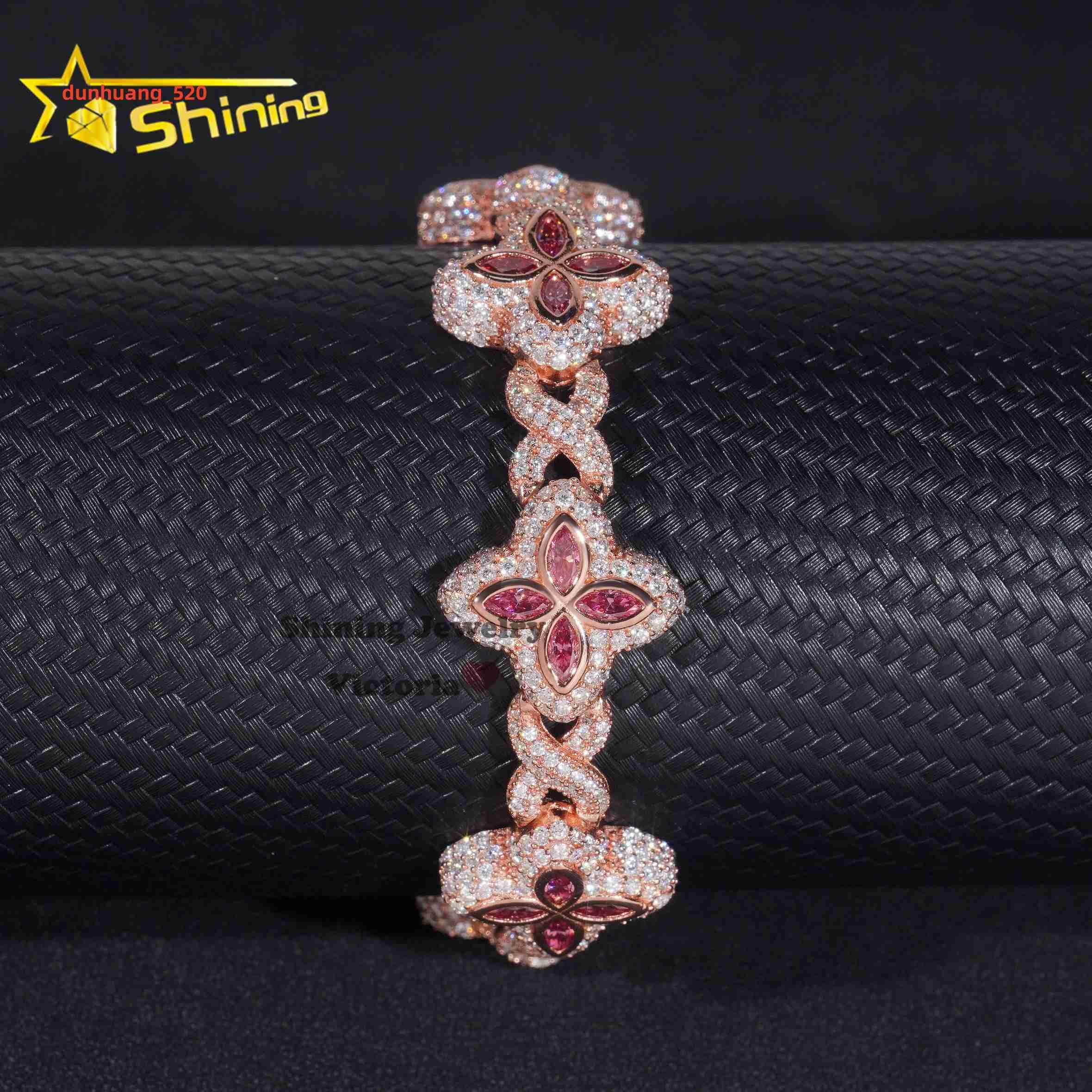 New Arrivals Rose Gold Plated Moissanite Men Bracelet With Pink Moissanite Iced Out Infinity Link Clover Cuban Bracelet