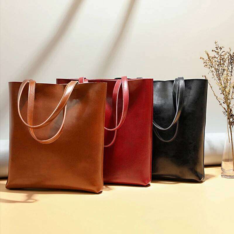 Designer Luxury New Large Capacity Female Split Leather Tote Bags Oil Wax Cowhide Lady Shopping Handbag Women Classic Solid Color Shoulder Bag