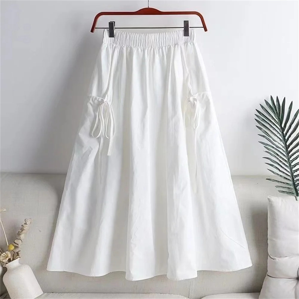 Spring Summer Elegant Womens Skirt Elastic High Waist All Match Fashion Long Skirts Women Vintage Pockets Lady 251027