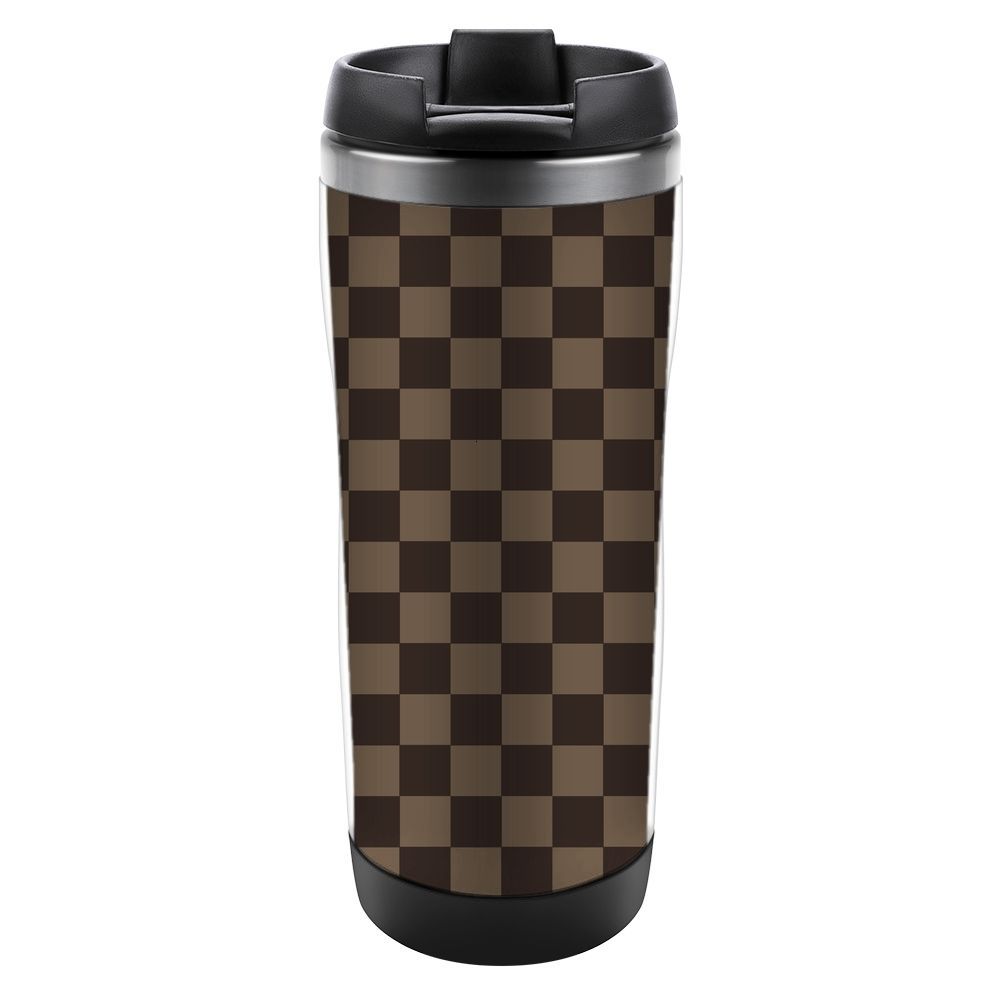 Luxury Stainless steel water cup designer travel mug with luxcury brown checkered pattern on the front