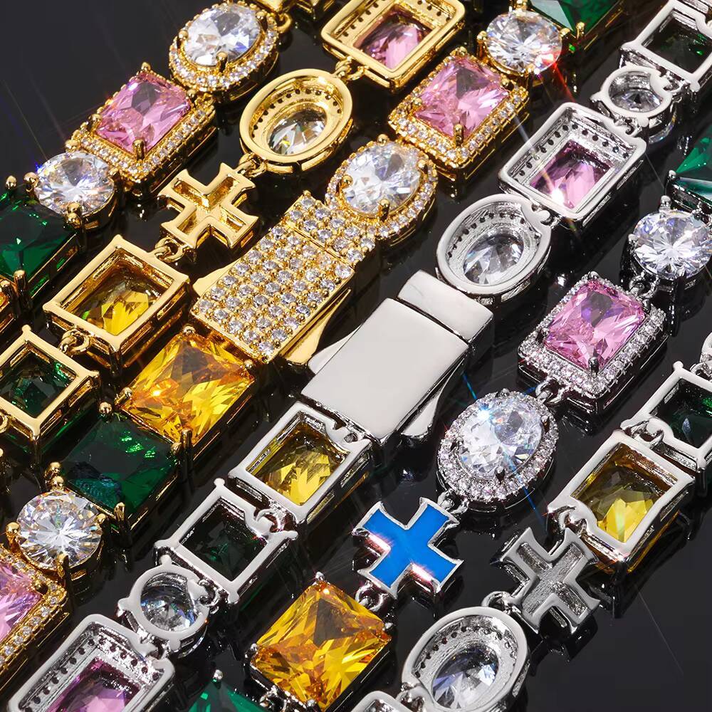 NUOYA VVS Moissanite Oil Drop Cross Chain Bracelet 10mm 925 Silver Multi Color Enamel Geometric Motif Iced Out Hip Hop Jewelry