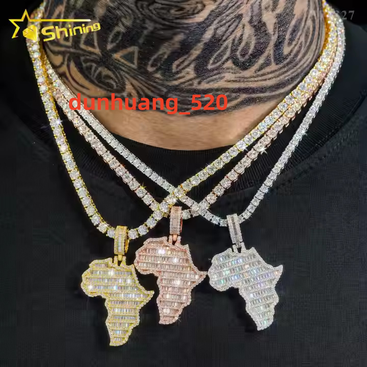 Hip Hop Map Moissanite Pendant Custom Iced Out 925 Sterling Silver VVS Moissanite Pendant Charms Necklace