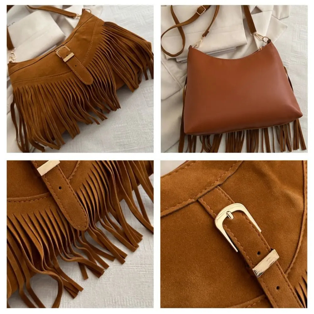 Casual Korean Style Tassel Shoulder Bag Solid Color PU Leather Suede Handbag Ethnic Style Bohemian Style Underarm Packs Travel 251027
