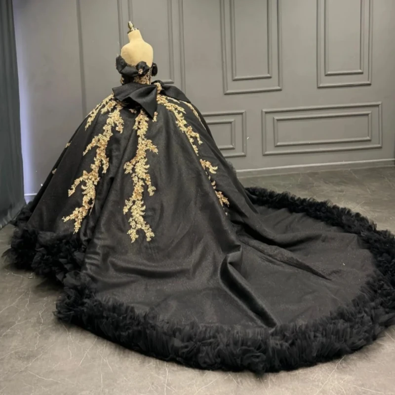 Black Quinceanera Dresses Off The Shoulder Applique Flower Beading Bow Corset Tull Party Birthday Sweet 16 Dress Vestidos 15 De Anos