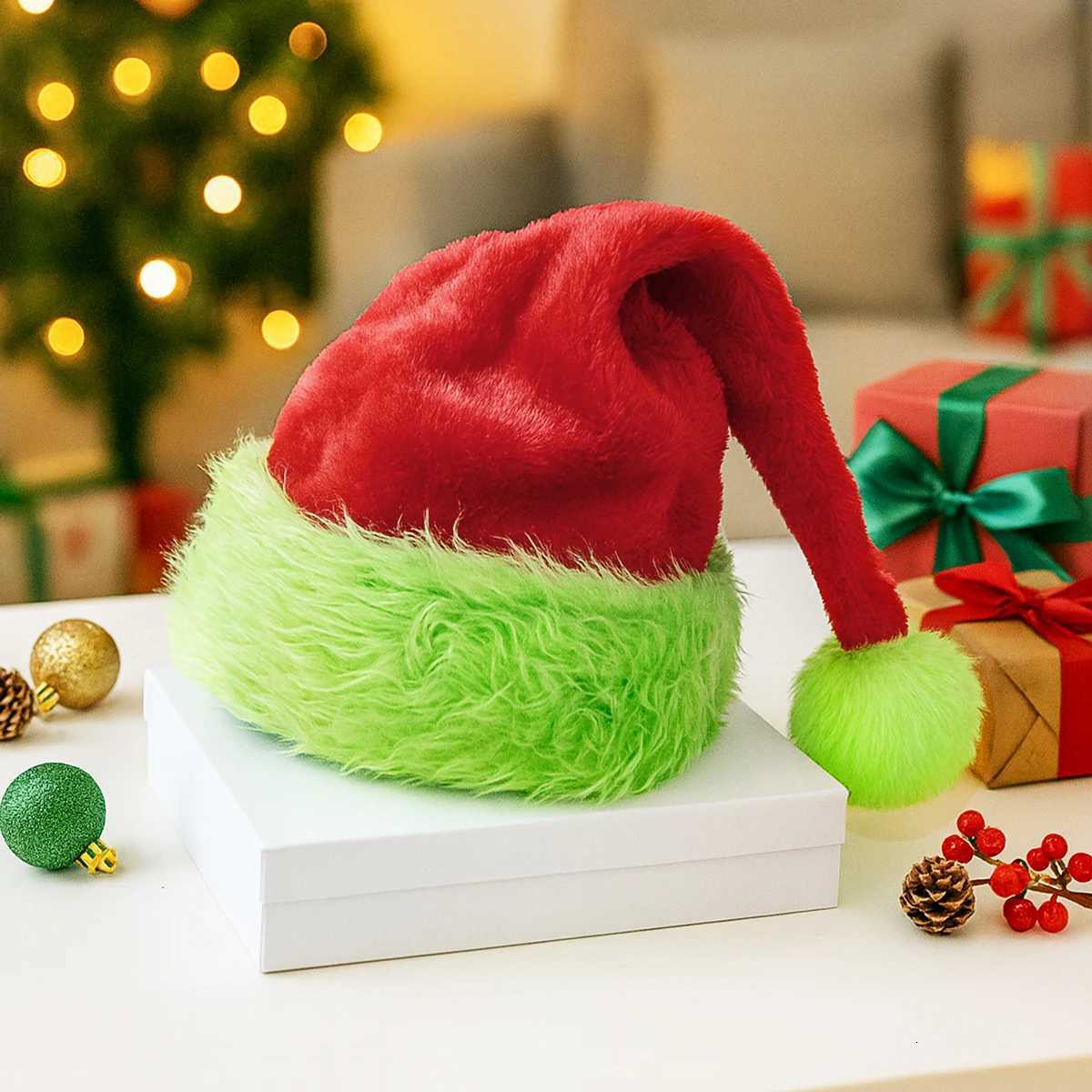 Christmas Santa Hat Christmas Decoration for Home 2025 Xmas Red Green Long Plush Holiday Hats Xmas Ornament New Year Gift 2026W251027
