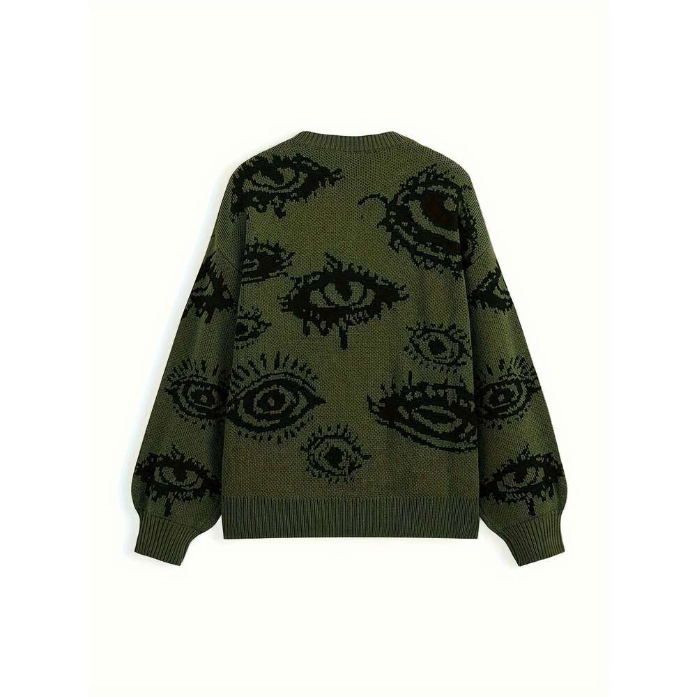 Women's Y2k Punk Eye Print Loose-Fit Long Sleeve Sweater - Black White Top, Round Neck Casual Streetwear For Fall & Winter, Autumn Winter Apparel