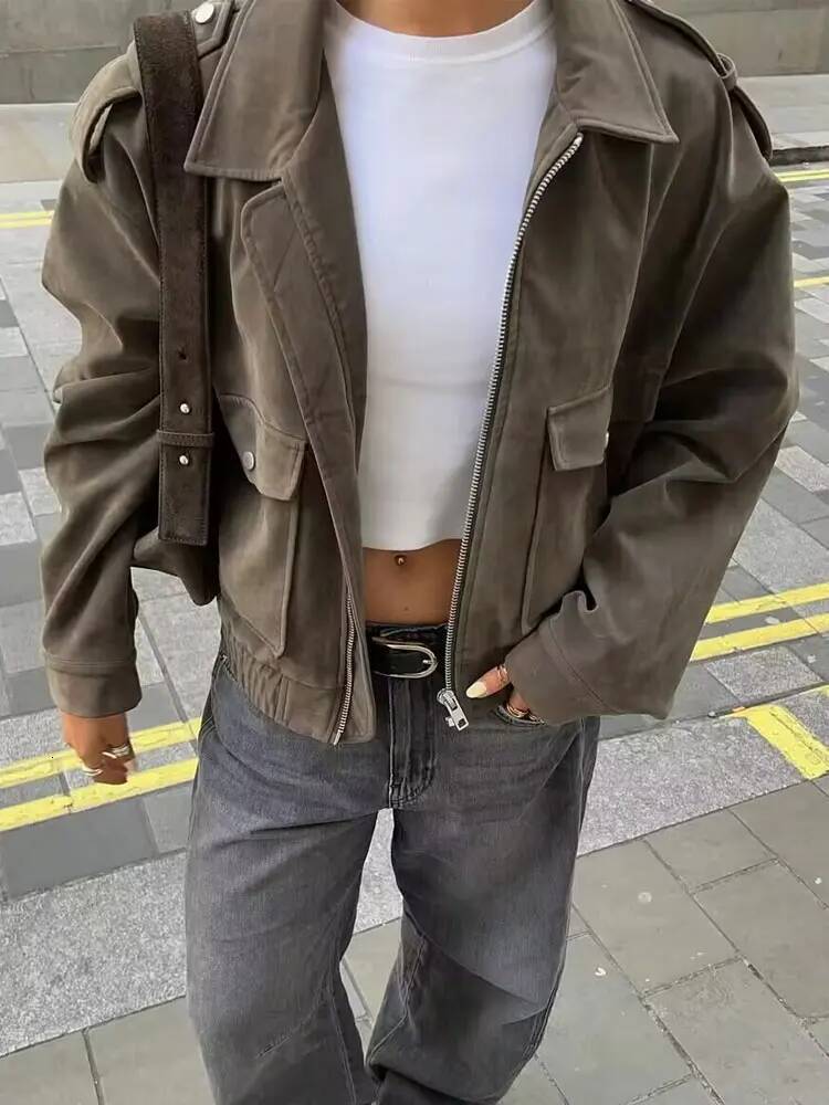 winter jacket women HH 2025 Autumn Female Suede Coat Long Sleeves Trendy Zipper With Pockets Causal Solid Lapel Jackets Women's Vintage Outerwear