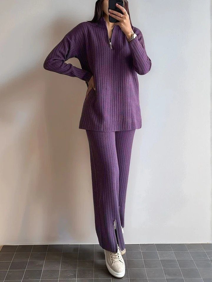 European and American Cross border Autumn Winter Womens Solid Color Zipper Knitted Set High Collar Pit Strip Home 251027