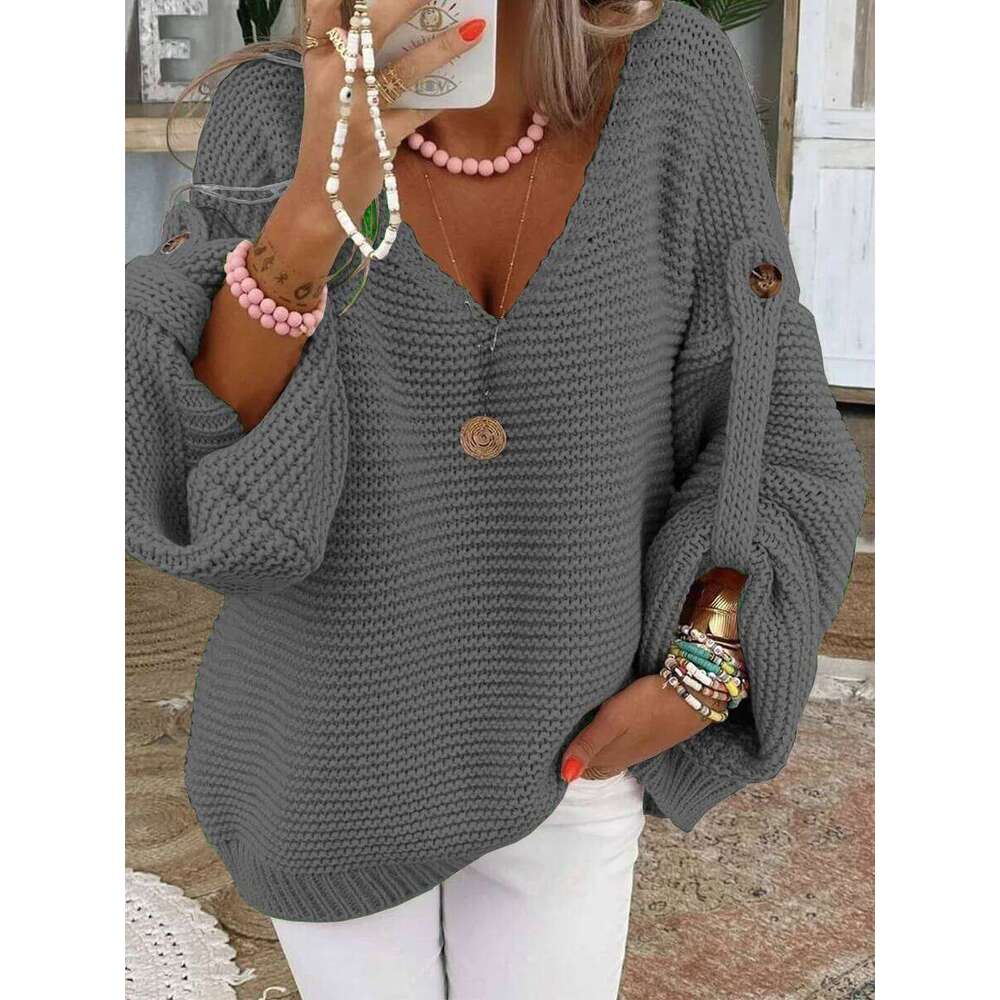 Casual Knitted V Neck Sweater Fall Winter Fashion Button Warm Commuter Jumper Elegant Solid Adjustable Long Sleeve Pullover Women Sweater Designer Swe