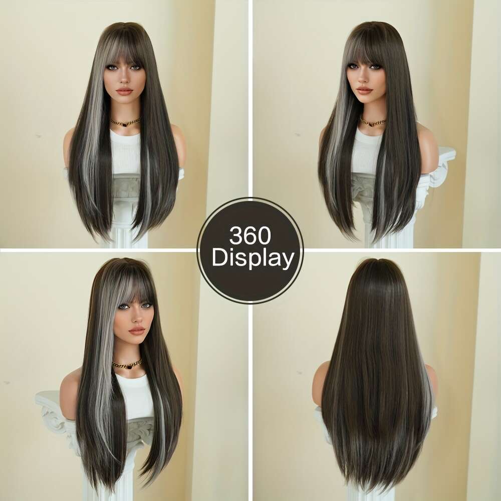 7Jhh WIGS Coffee Brown Heat Resistant Synthetic Hair, Natural Look For Everyday, Parties, Halloween Voluminous Straight Hairstyle With Rose Net Cap Wo