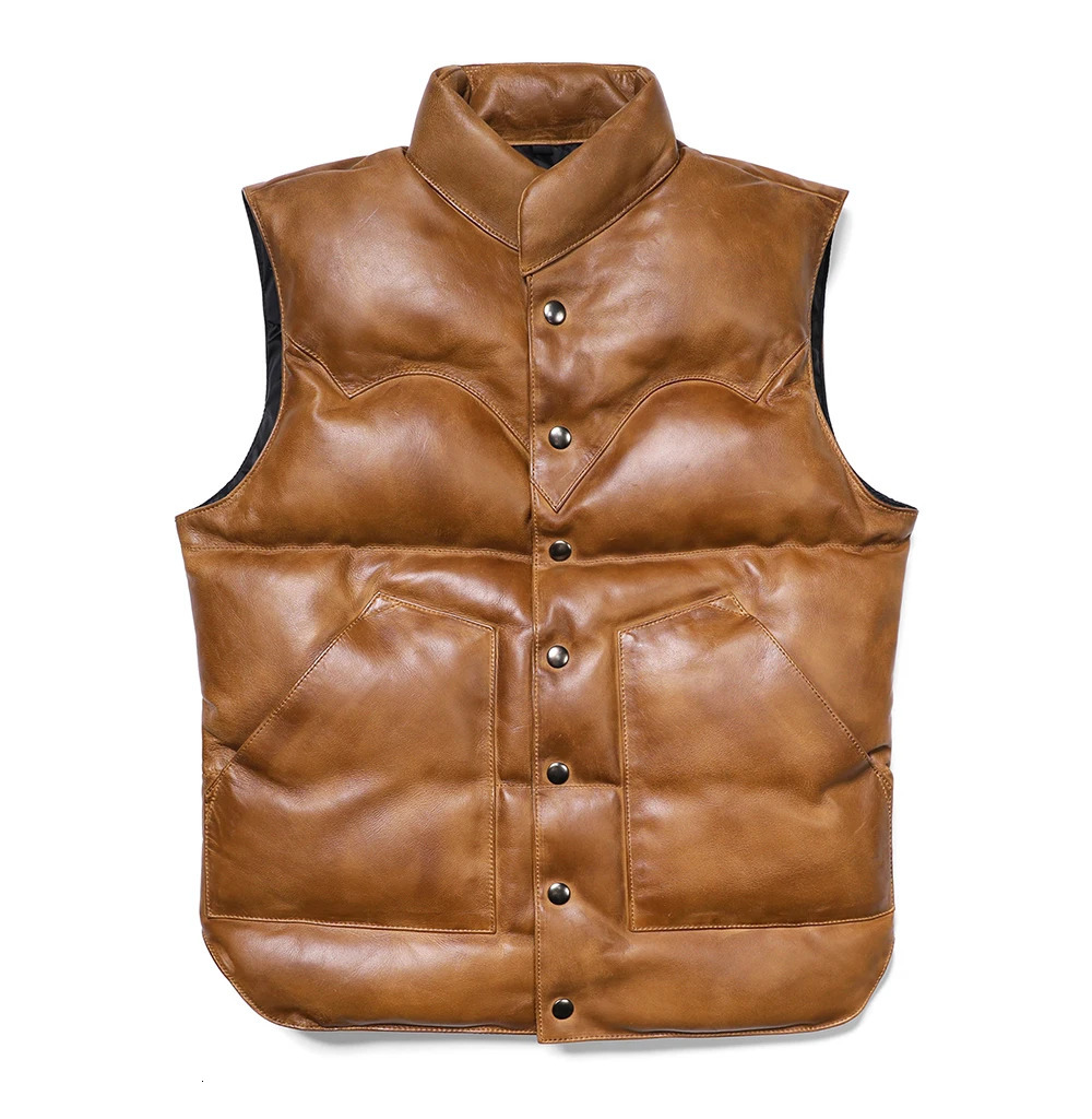 Brown Winter Leather Down Vest Men Casual Style Plus Size 5XL Genuine Natural Sheepskin Stand Collar Single Breasted Vest 251024