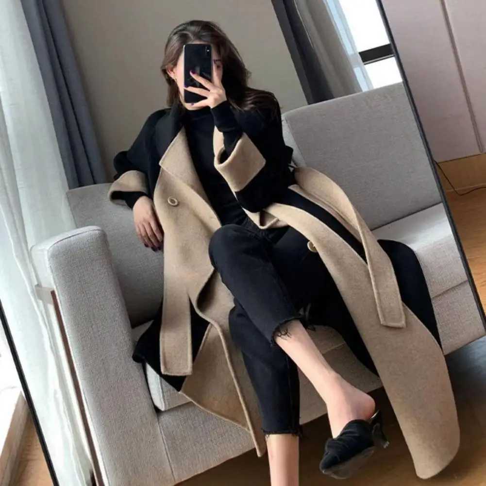 Doublebreasted Woolen Coat With Belt Elegant Autumnwinter Slimming Mid Length Color Blocked Women Windbreaker Woolen Coat M251027