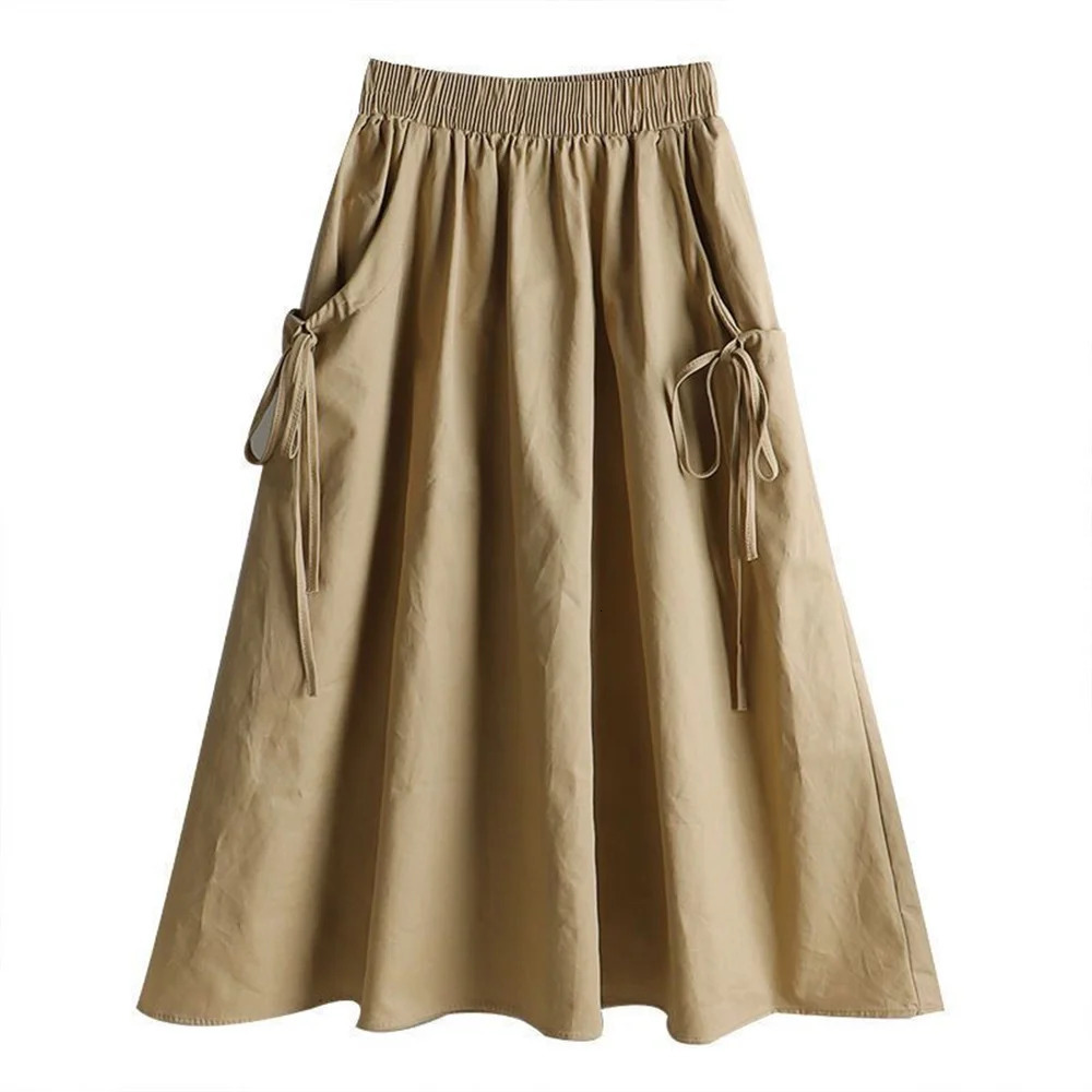 Spring Summer Elegant Womens Skirt Elastic High Waist All Match Fashion Long Skirts Women Vintage Pockets Lady 251027