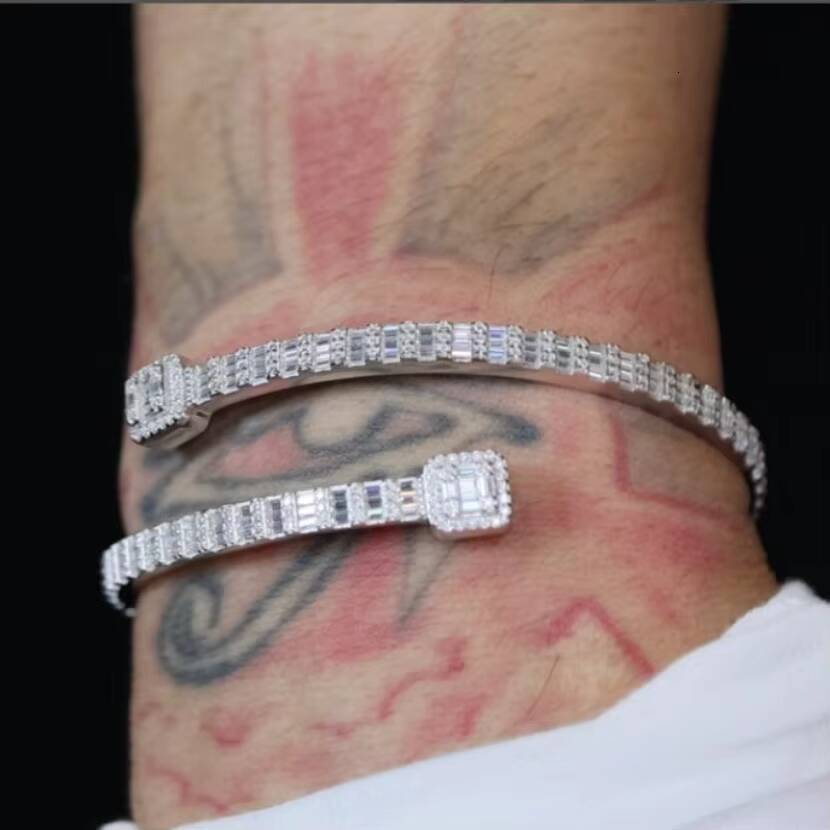 Men Women Baguette Cut Cuff Moissanite Bracelets Bangles 925 Sterling Silver Fine Jewelry Bracelets Bangles