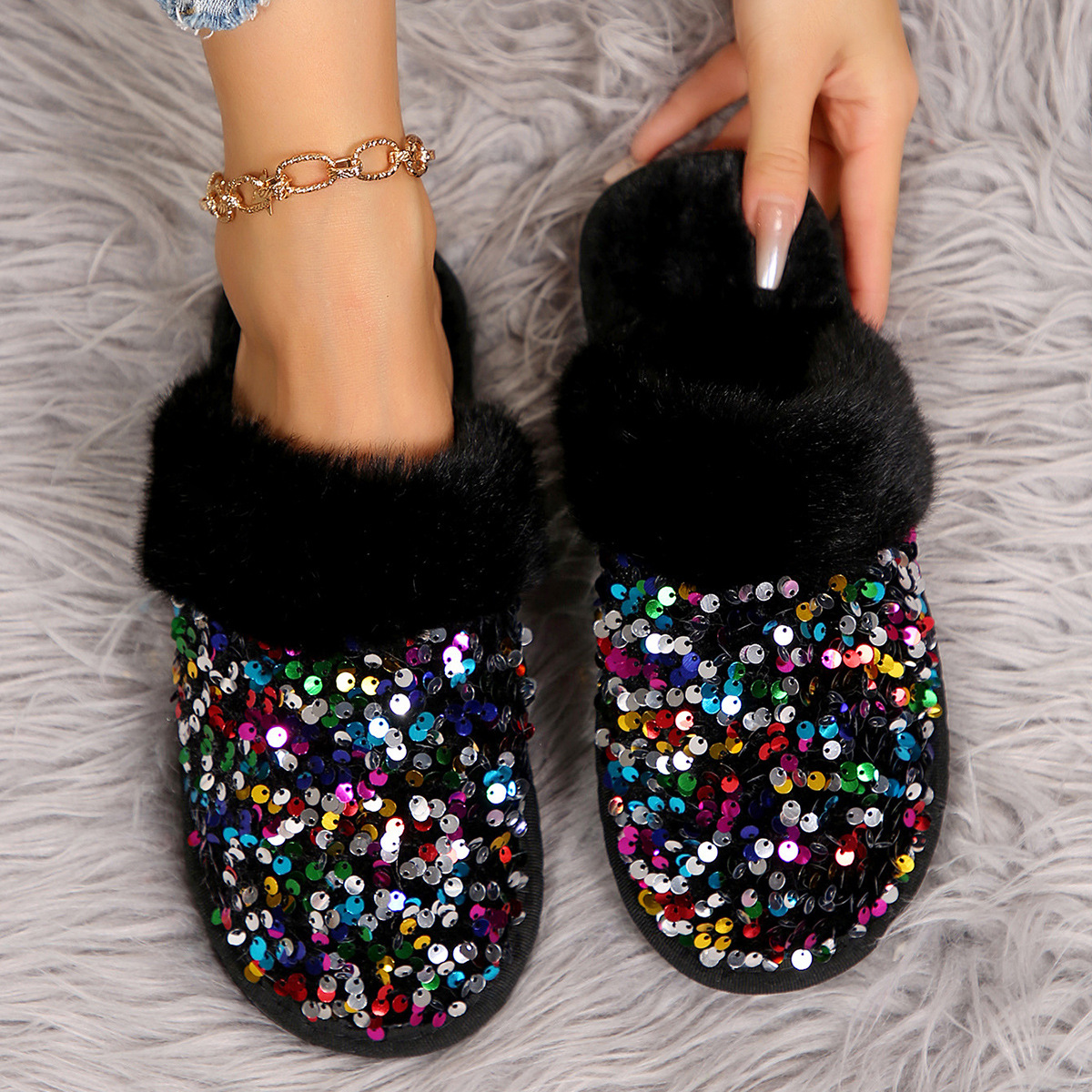 New Warm Comfortable Home Couples Cotton Slippers Sequins Fashion Plush Slipper Black Pink