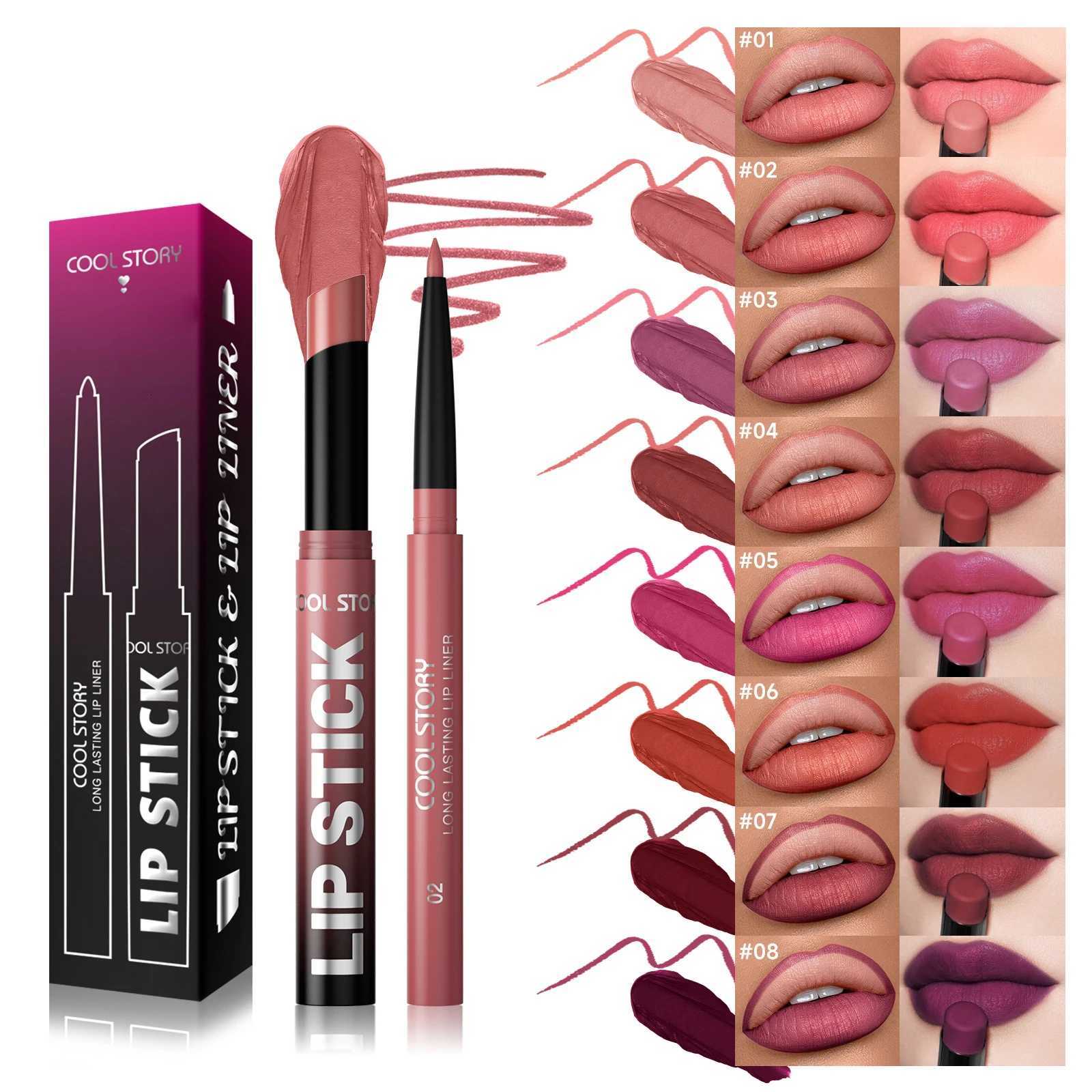 2Pcsbox Matte Lipstick Lip Liner Pencil Set NonStick LongLasting Velvet Nude Matte Lipstick Pen Smooth Waterproof NonFading W251027