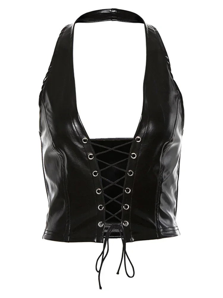 Sexy Crop Top Inside Women Black PU Leather Rope Strap Hollow Out Punk Style Tank Tops Vest Fashion Backless Club Party Wear 251027